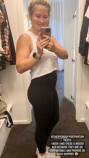 Fitness coach Laken wearing favourite TheRY postpartum compression tights 