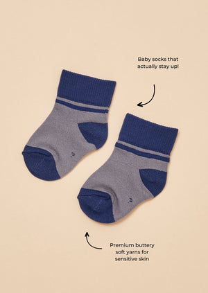TheRY Soft Baby Sock - That stays up! in Navy grey - flatlay with features shown