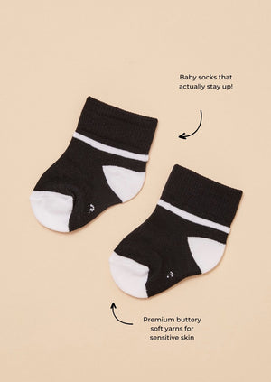 TheRY Baby & Toddler Black/White Baby Sock flatlay with features shown