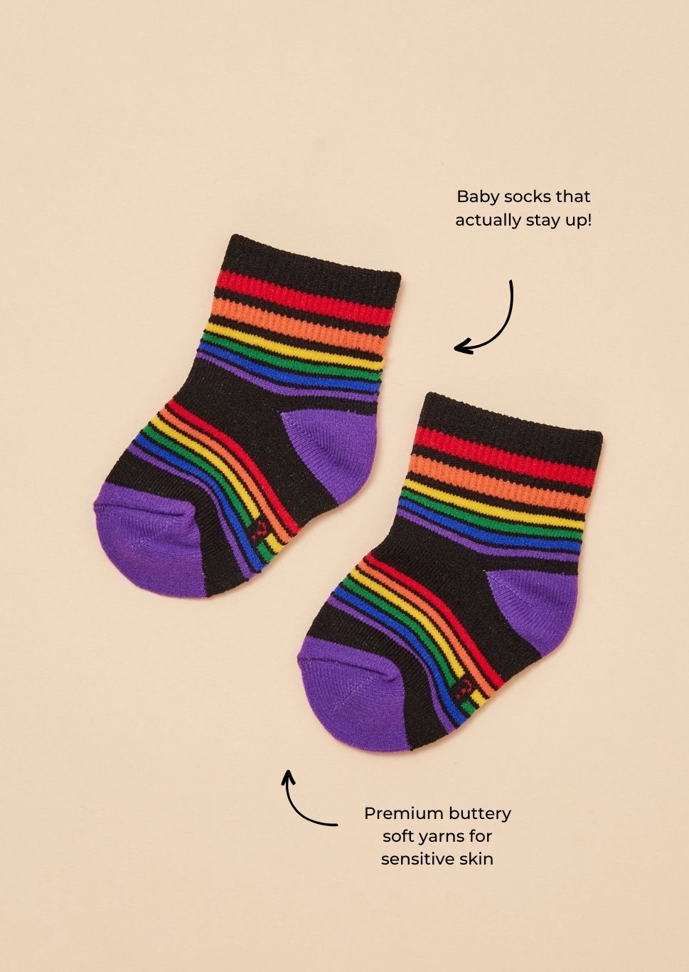 TheRY rainbow Baby Sock flatlay with features shown