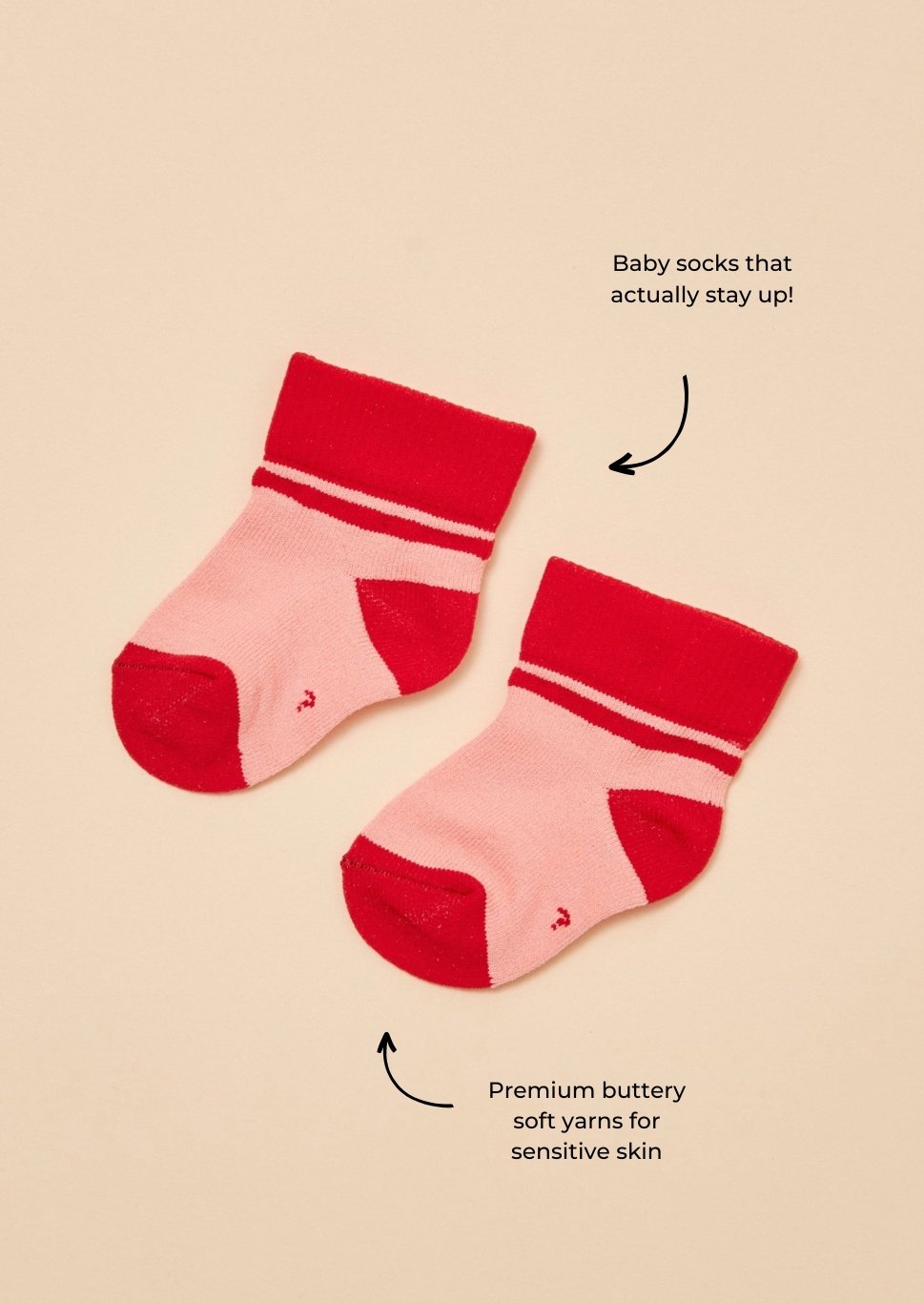 TheRY Soft Bamboo Baby Sock - That stays up! in Red/peach flatlay with features shown