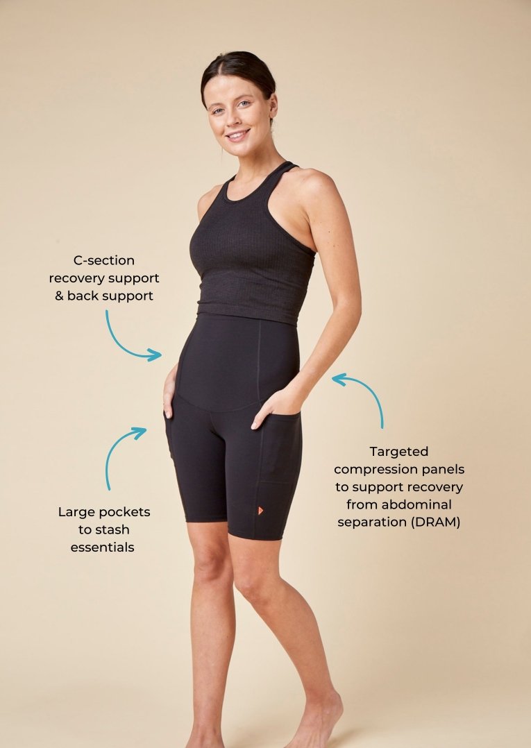 New mother wearing TheRY restorer Postnatal compression abdominal support short with pockets for c section recovery