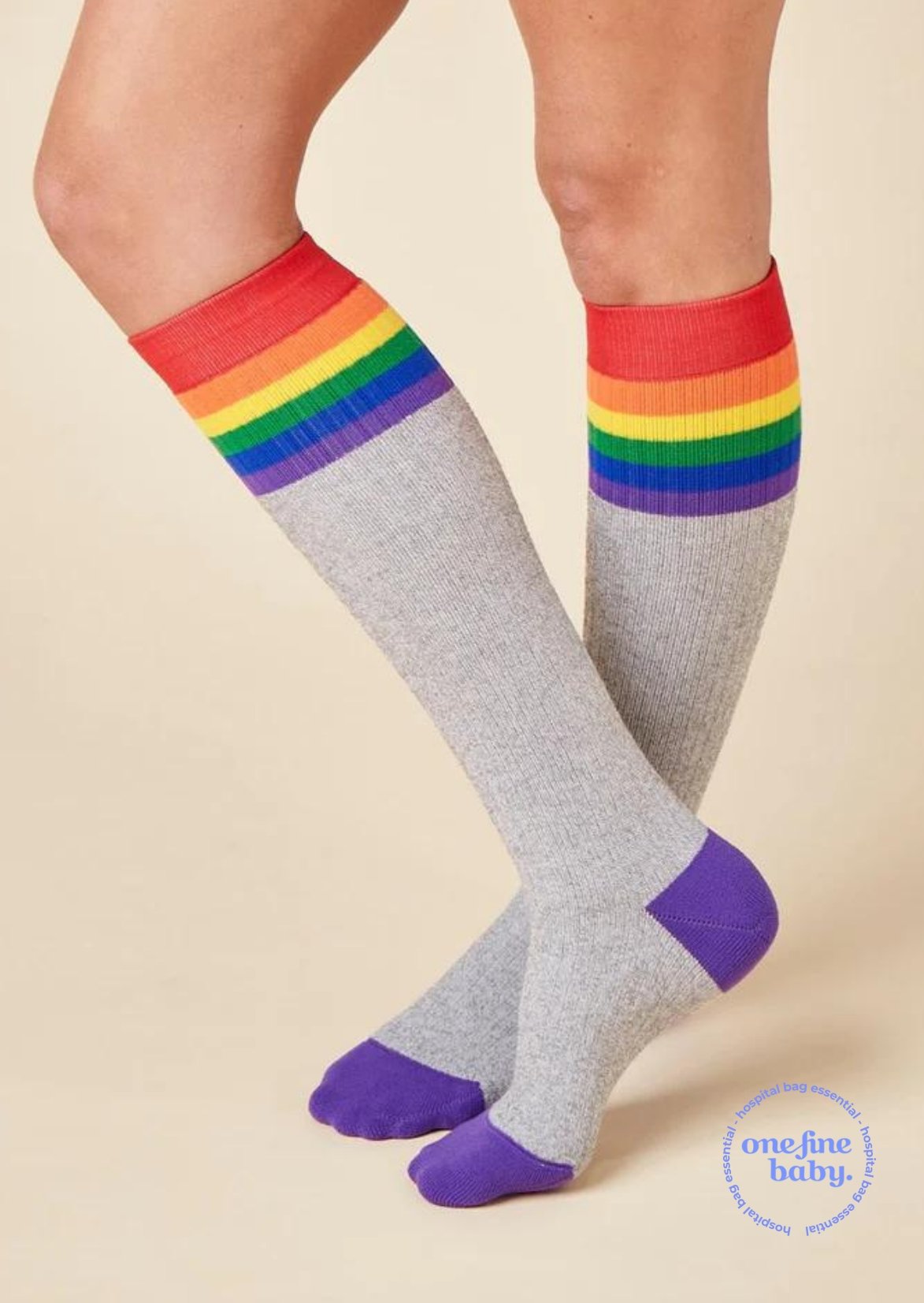 TheRY Comforter rainbow compression socks 15-20mmHg for swollen feet, cankles, travel and hospital - side view crossed leg