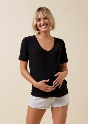 Thery Group TEE Black - The Me bamboo Slouch Tee - front view pregnant mother
