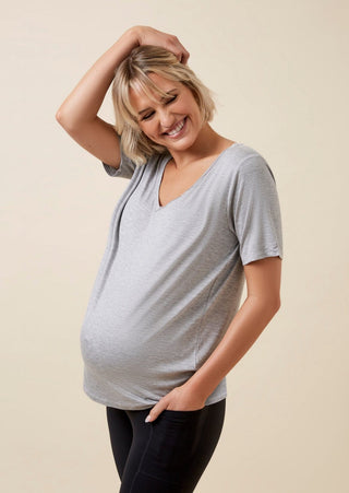 The Bamboo Me Slouch Tee in light grey front side view- TheRY