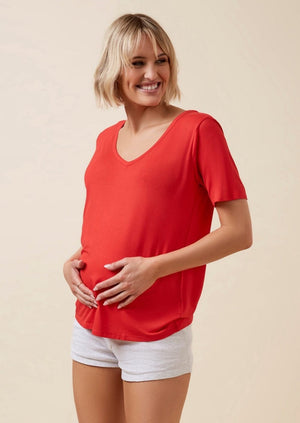 Thery Group TEE Lucky red The Me Bamboo Slouch Tee  - side view pregnant mother