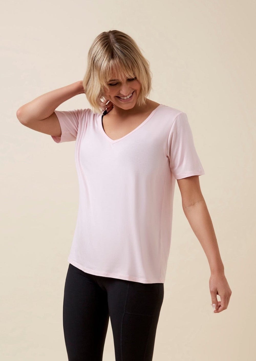 Thery Group TEE Powder Pink The Me Bamboo Slouch Tee  - front view new mother no belly