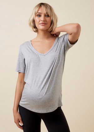 TheRY grey maple Bamboo Me Slouch Tee on pregnant modern mum front view