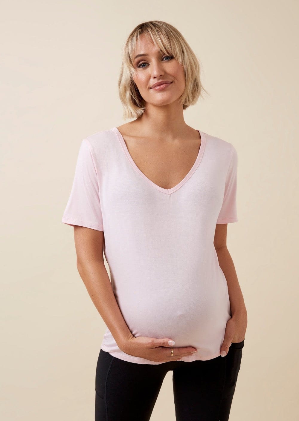 Thery Group TEE Powder Pink The Me Bamboo Slouch Tee  - front view pregnant mother