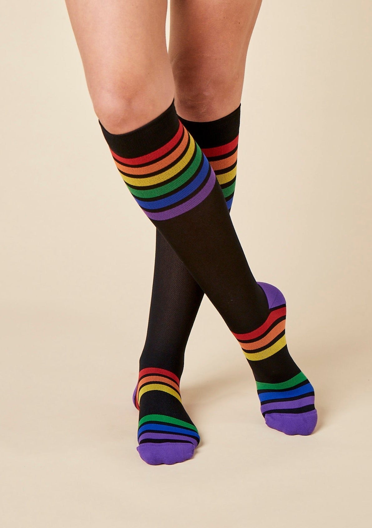 TheRY Graduated compression black rainbow pride socks 15-20mmHg for travel, swollen feet, cankles and hospital - front view