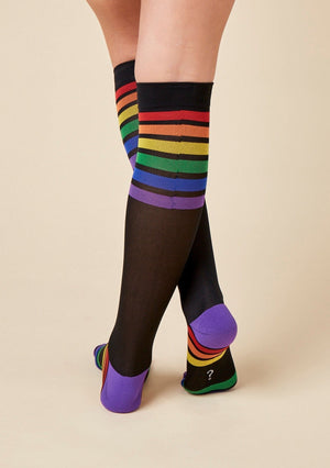 TheRY Graduated compression black rainbow pride socks 15-20mmHg for travel, swollen feet, cankles and hospital - back view
