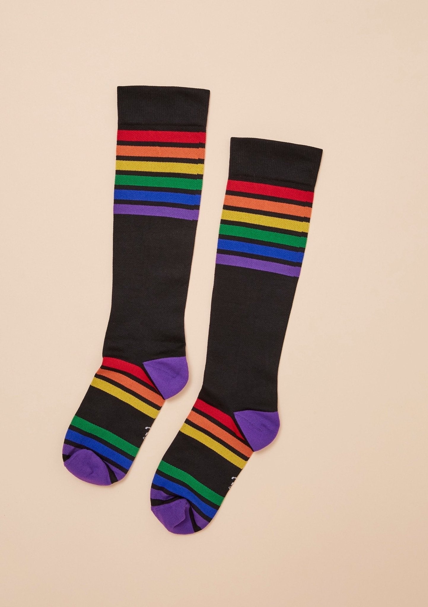 Thery Group The Rescuer Maternity Compression Sock in Black rainbow stripe- flatlay